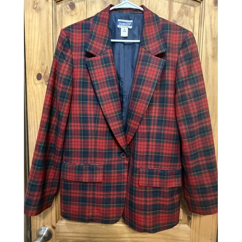 Pendleton Wool Plaid Blazer Jacket Red Tartan Vintage Preppy Academia Sz 12
